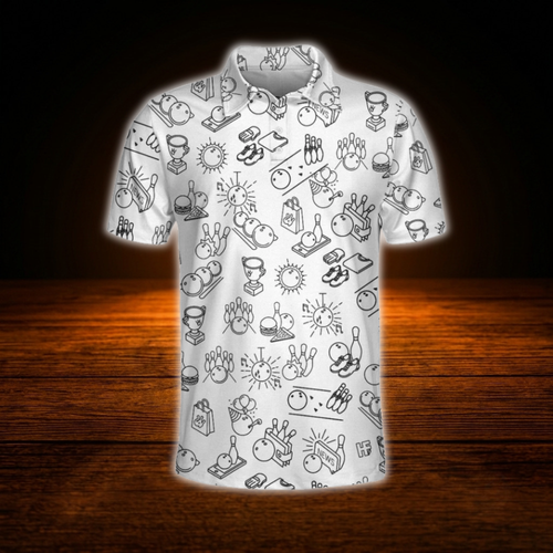 Bowling Doodle White Men's Polo Shirts, Bowling Shirts