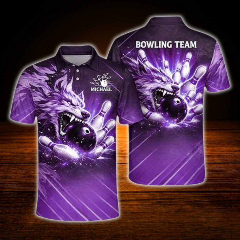 Custom Wolf Blue Mens Polo Bowling Shirts, Custom Wolf Bowling Shirts Team
