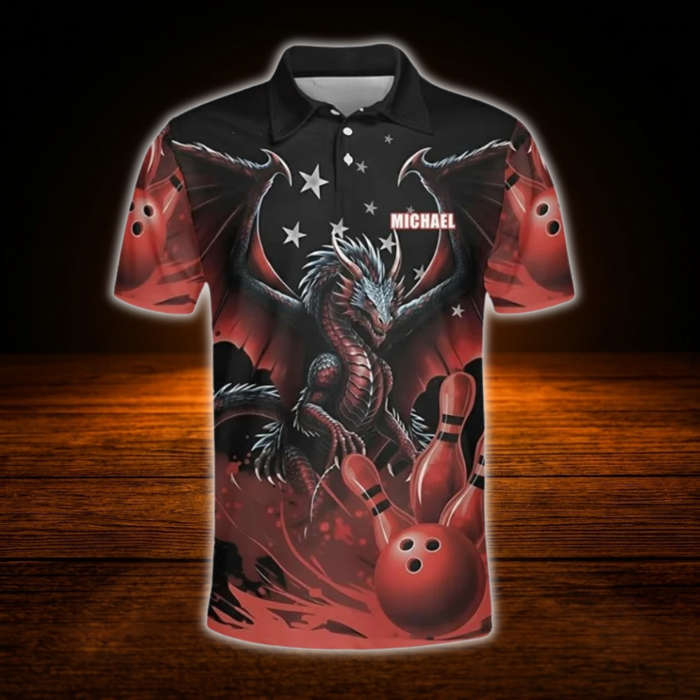 Custom Dragon Black Red Polo Bowling Shirts Mens, Custom Dragon Bowling Team Shirts