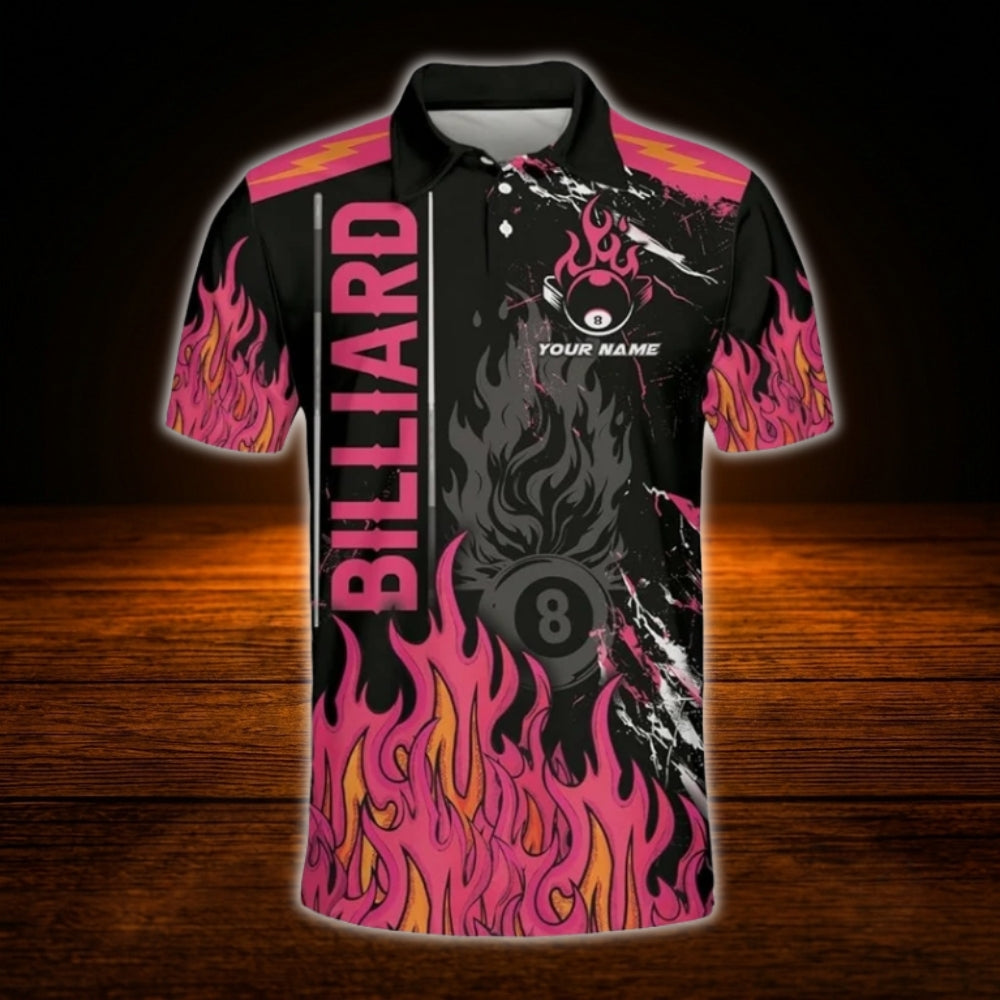 Custom 8 Ball Fire Billiard Men Polo Shirt Orange Black, Custom Flame Billiard Shirt For Team