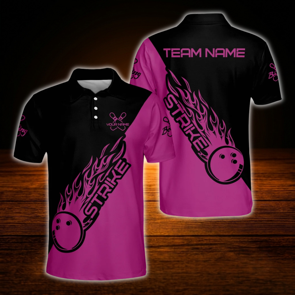 Custom Blue Flame Strike Bowling Polo Shirts For Men, Custom Flame Bowling Team Shirts