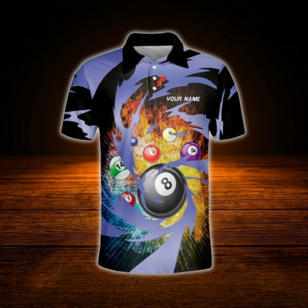 Custom Flaming Billiard Men Polo Shirt Blue Black, Custom Flame Billiard Shirt For Team