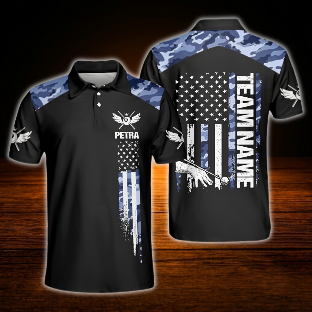 Custom Camouflage Blue Men's Billiard Polo Shirt, Custom Camo Billiard Shirt Team
