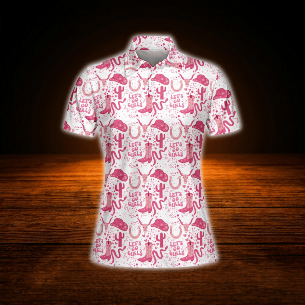 Let's Go Girl White And Pink Cowgirl Women's Polo Golf Shirts, Western Golf Shirts For Ladies