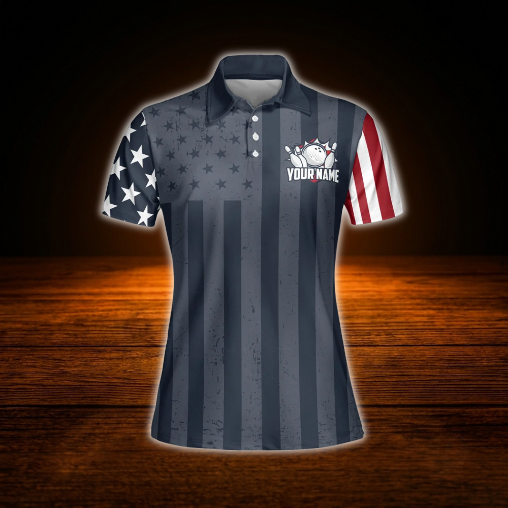 Custom American Flag Women Bowling Polo Shirts, Custom Patriotic Bowling Team Shirts For Women