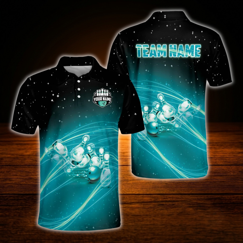 Team Custom Blue And Black Bowling Polo Shirts For Men, Custom Bowling Team Shirts