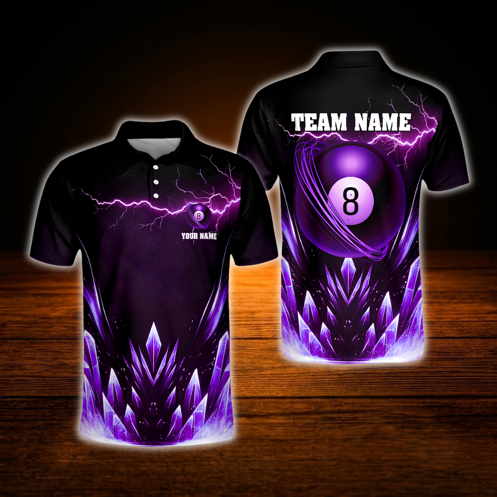 Custom 8 Ball Crystal Lighting Billiard Polo Shirt Men, Custom Team 8 Ball Billiard Shirt