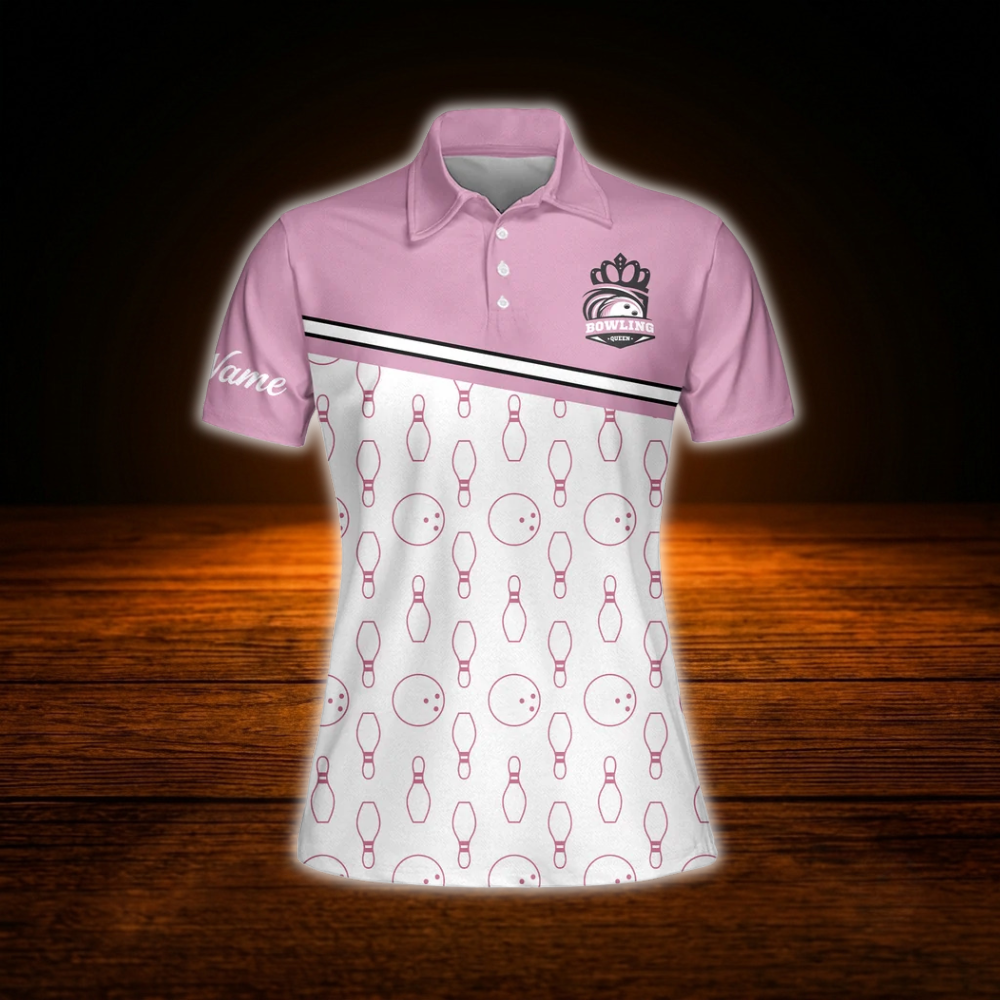 Custom Pink And White Women Bowling Polo Shirts, Custom Bowling Shirts For Women