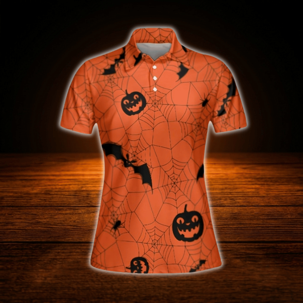 Bat and Pumpkin Halloween Orange Ladies Golf Polo Shirts,  Halloween Golf Shirt For Women
