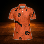 Bat and Pumpkin Halloween Orange Ladies Golf Polo Shirts,  Halloween Golf Shirt For Women