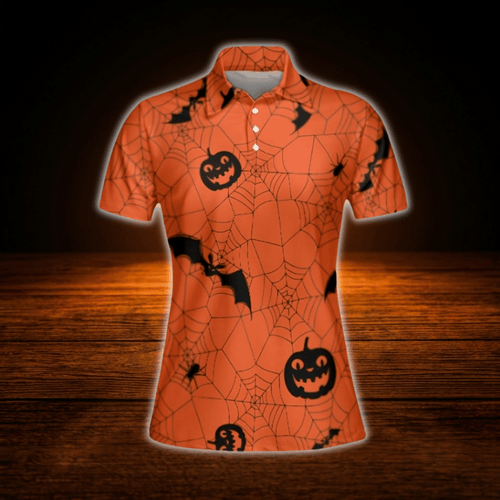 Bat and Pumpkin Halloween Orange Ladies Golf Polo Shirts,  Halloween Golf Shirt For Women