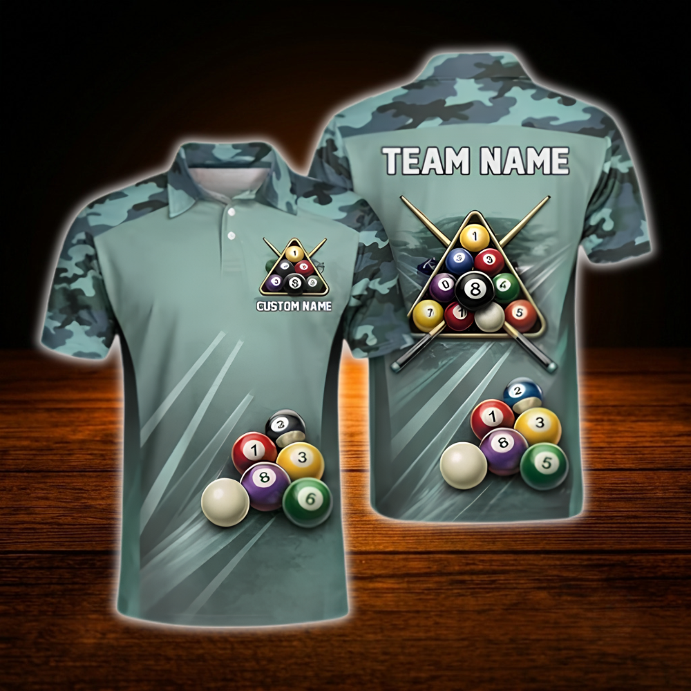 Custom Camouflage Green Billiard Men Polo Shirt, Custom Camo Billiard Shirt For Team