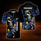 Custom Skeleton Billiard Men Polo Shirt Blue Lightning, Custom Skull Billiard Team Shirts