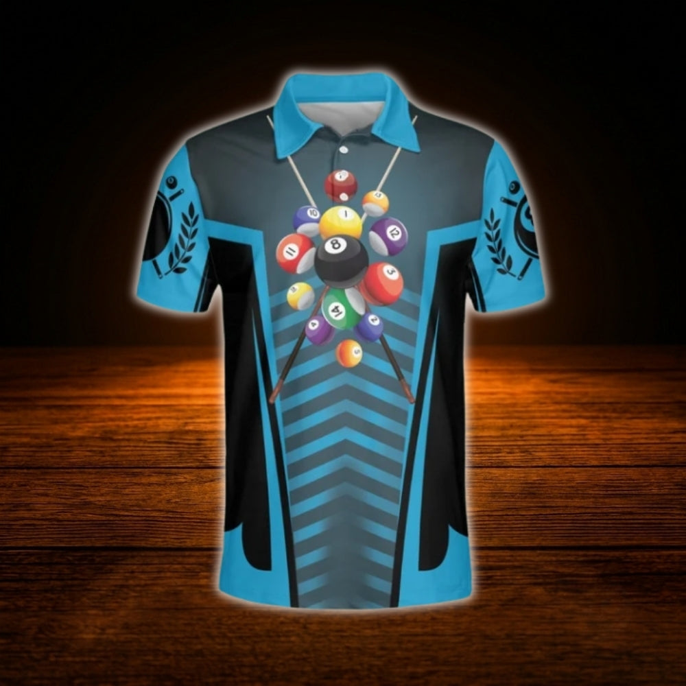 Custom Cyan Black Billiard Polo Shirt For Men, Custom Name Billiard Player Shirts