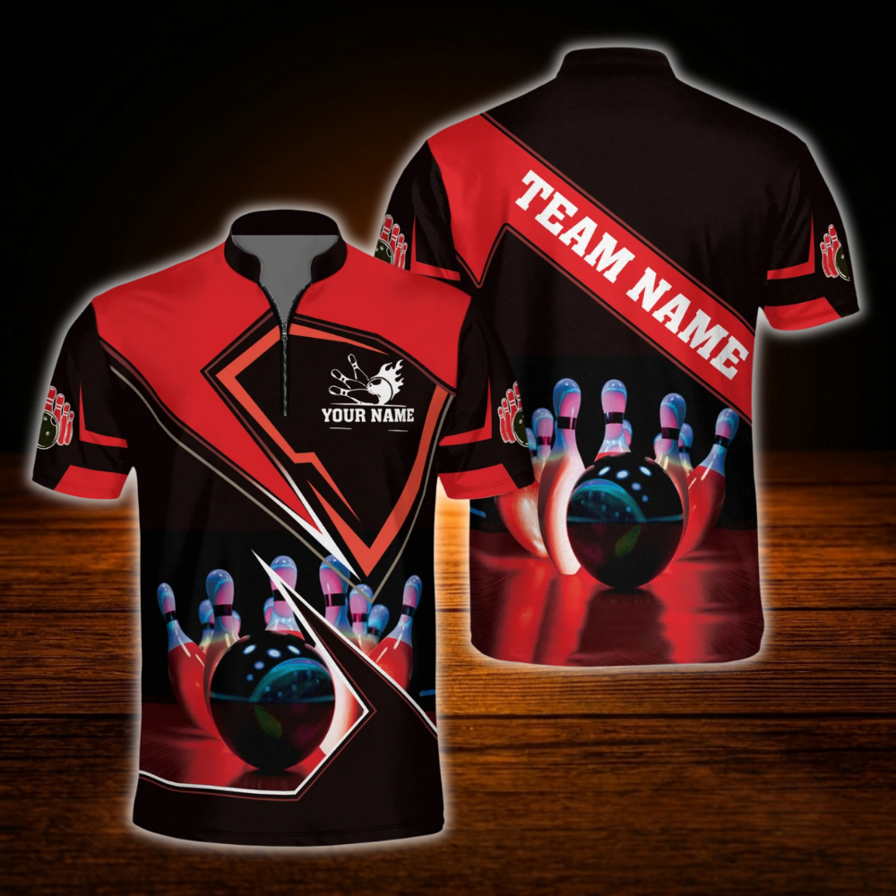 Custom Red Black Bowling Team Jersey For Men, Custom Bowling Shirt