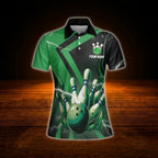 Custom Name Green Black Womens Bowling Polo Shirt, Custom Bowling Shirt For Womens
