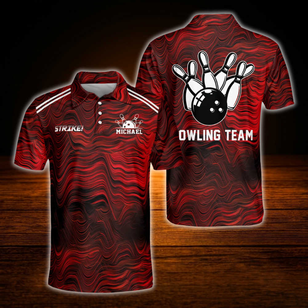 Custom Team Red Abstract Bowling Polo Shirt For Men, Custom Red Black Bowling Shirt