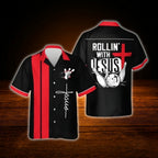 Rollin With Jesus Cross Bowling Hawaiian Shirt Red Black, Christian Bowlin Shirt