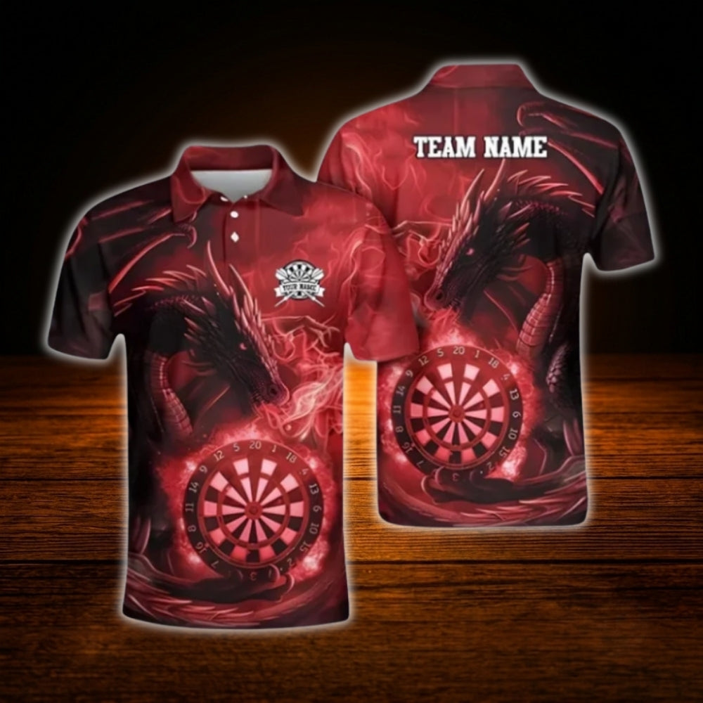 Dragon Red Flame Custom Men Darts Polo Shirt, Custom Dragon Darts Team Shirt