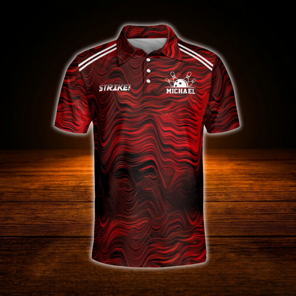 Custom Team Red Abstract Bowling Polo Shirt For Men, Custom Red Black Bowling Shirt