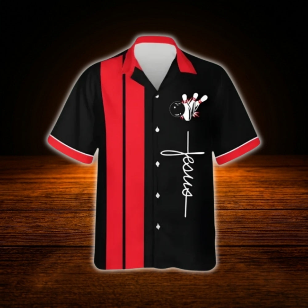 Rollin With Jesus Cross Bowling Hawaiian Shirt Red Black, Christian Bowlin Shirt