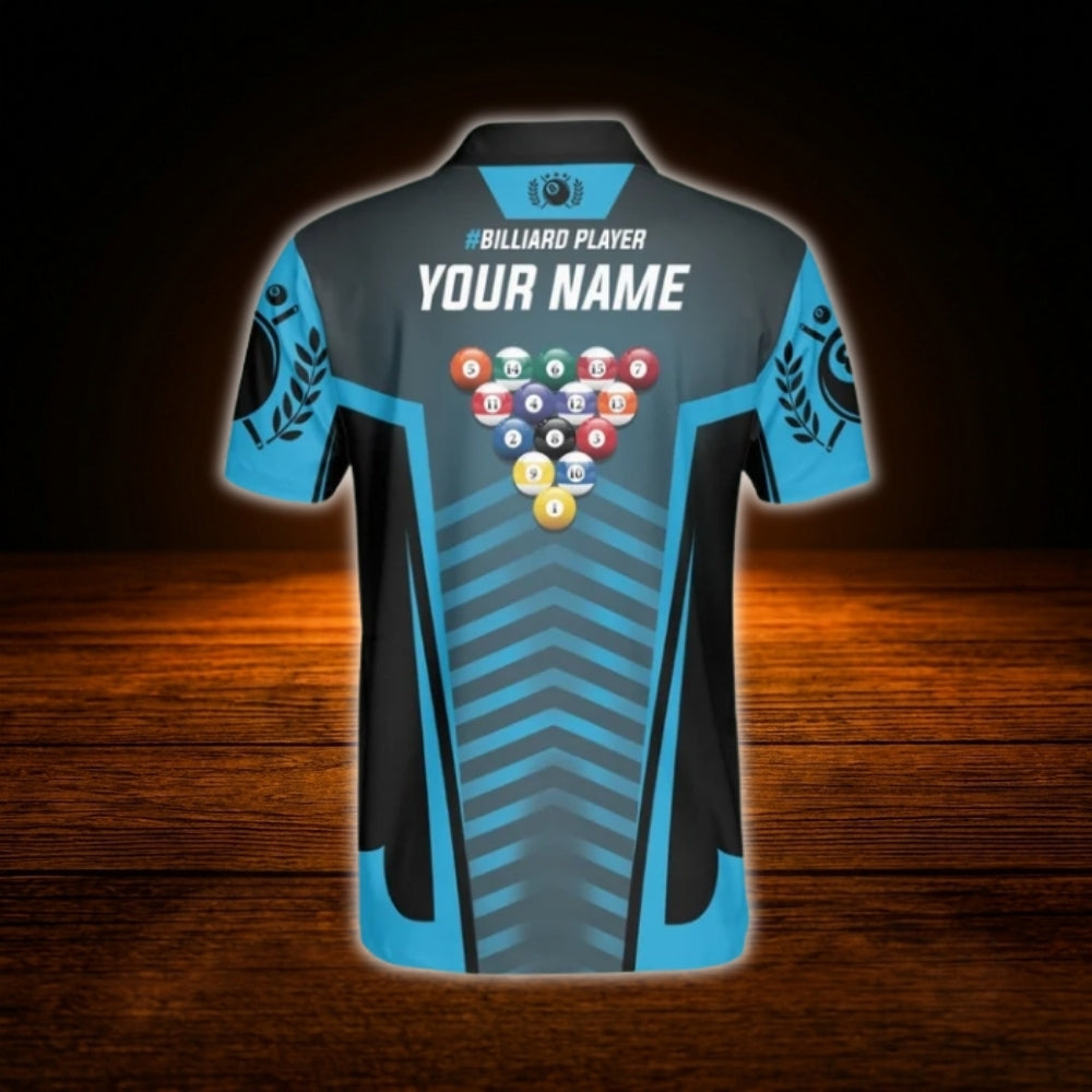 Custom Cyan Black Billiard Polo Shirt For Men, Custom Name Billiard Player Shirts