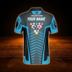 Custom Cyan Black Billiard Polo Shirt For Men, Custom Name Billiard Player Shirts