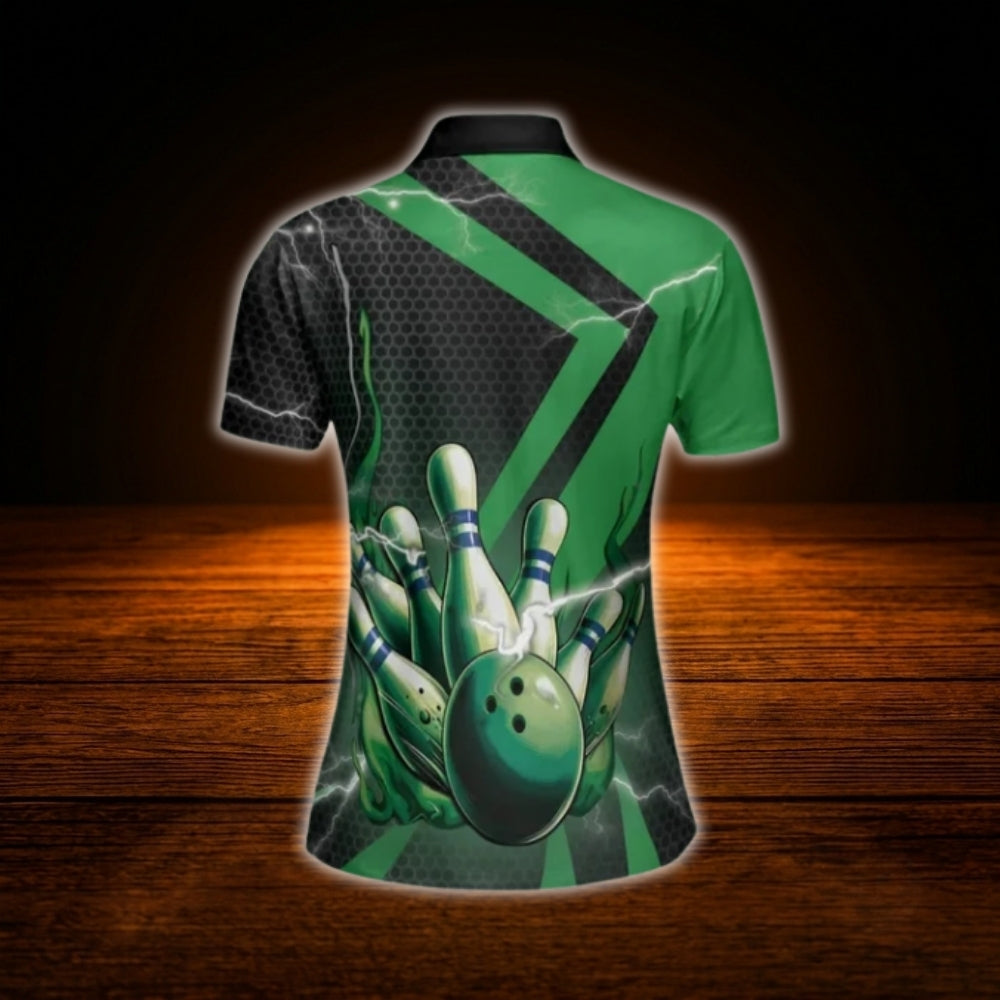 Custom Name Green Black Womens Bowling Polo Shirt, Custom Bowling Shirt For Womens