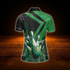 Custom Name Green Black Womens Bowling Polo Shirt, Custom Bowling Shirt For Womens