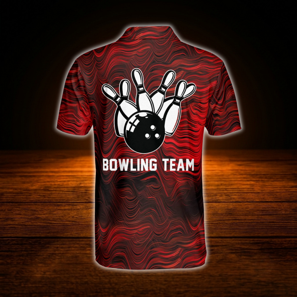 Custom Team Red Abstract Bowling Polo Shirt For Men, Custom Red Black Bowling Shirt