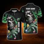 Custom Skeleton Billiard Men Polo Shirt Blue Lightning, Custom Skull Billiard Team Shirts