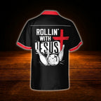 Rollin With Jesus Cross Bowling Hawaiian Shirt Red Black, Christian Bowlin Shirt
