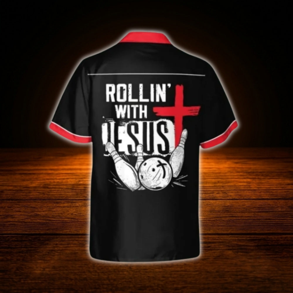 Rollin With Jesus Cross Bowling Hawaiian Shirt Red Black, Christian Bowlin Shirt