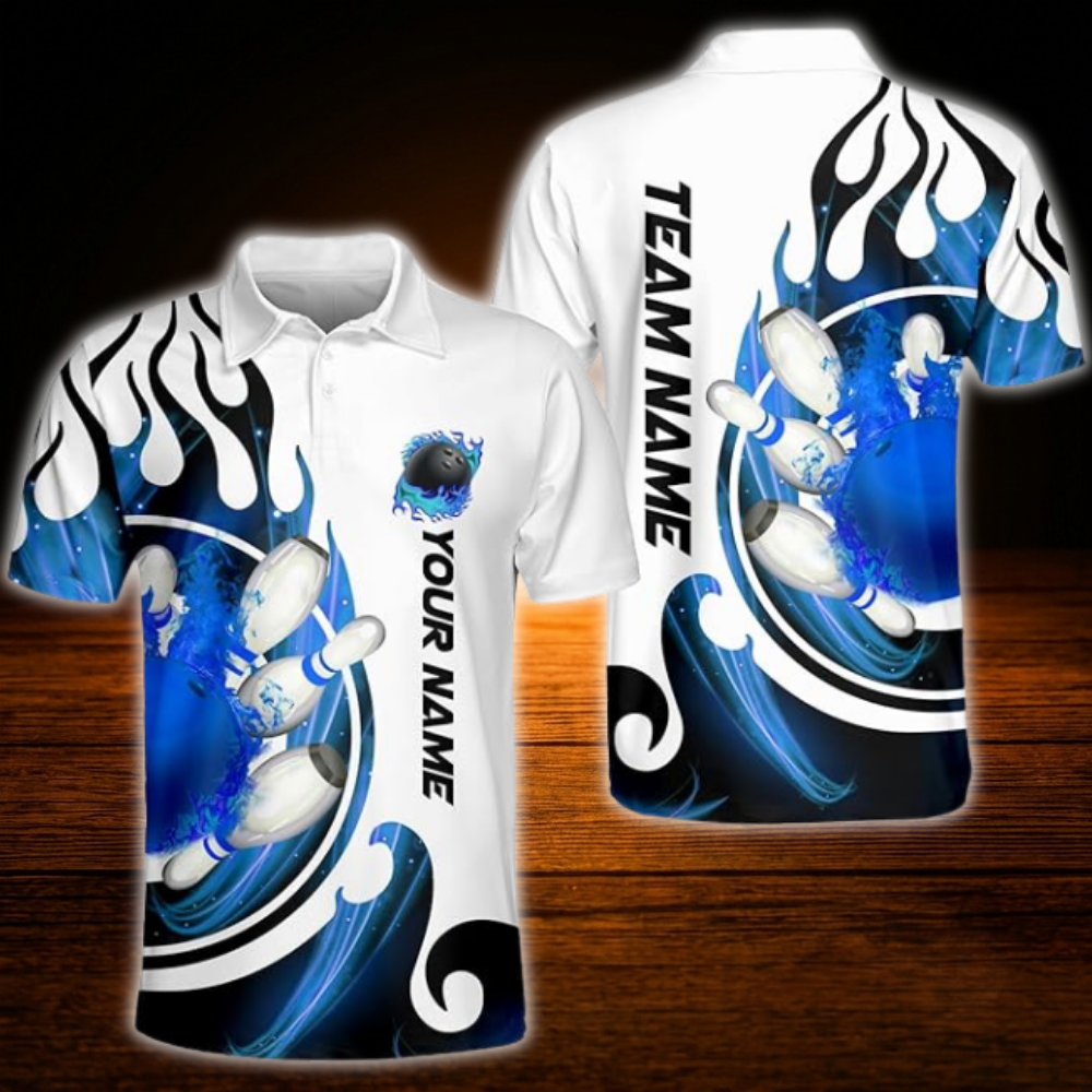 Custom Flame Bowling Polo Shirt For Men Blue And White, Custom Flame Bowling Shirt For Team