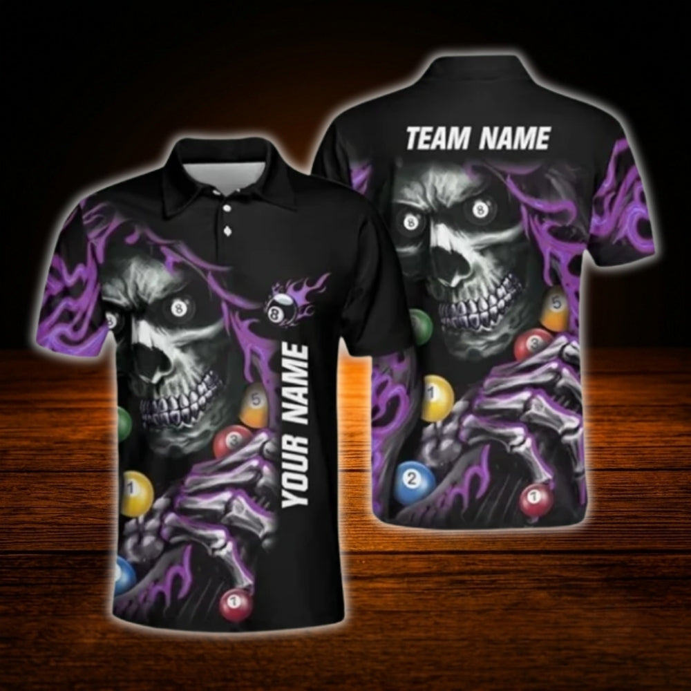 Custom Skeleton Billiard Men Polo Shirt Blue Lightning, Custom Skull Billiard Team Shirts
