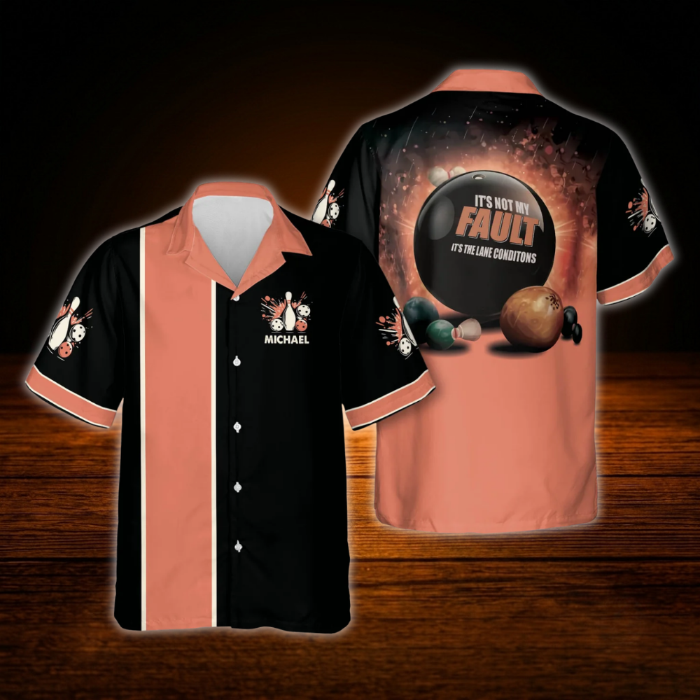 It's Not My Fault It's The Lane Conditions Custom Orange Black Bowling Hawaiian Shirt, Personalized Funny Bowling Hawaiian Shirt