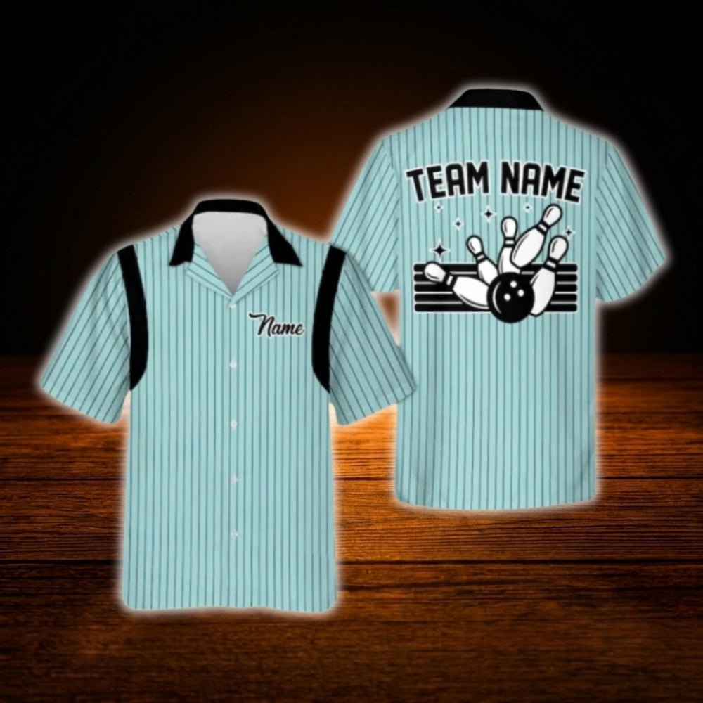 Custom Striped Mint Bowling Hawaiian Shirt For Men Women, Custom Team Bowling Shirt Retro