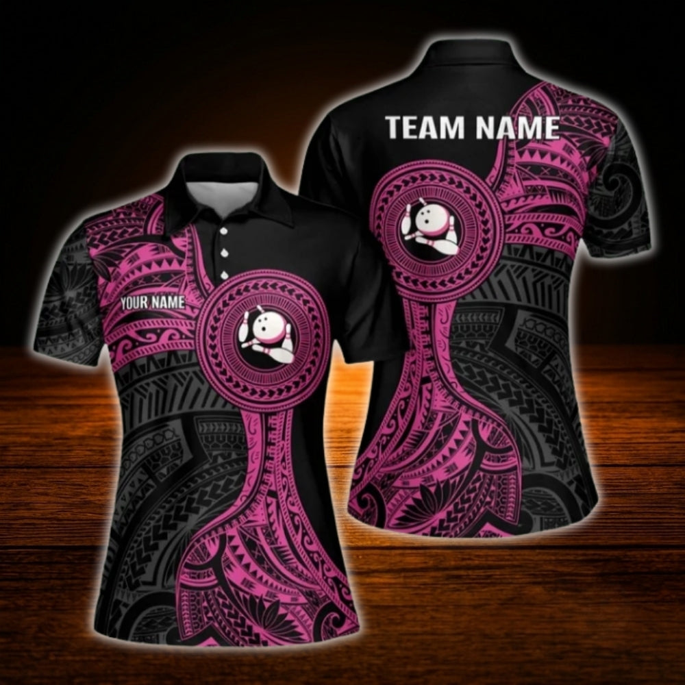 Custom Black Pink Tribal Women's Bowling Polo Shirt, Custom Tribal Bowling Team Shirt For Ladies