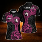 Custom Black Pink Tribal Women's Bowling Polo Shirt, Custom Tribal Bowling Team Shirt For Ladies