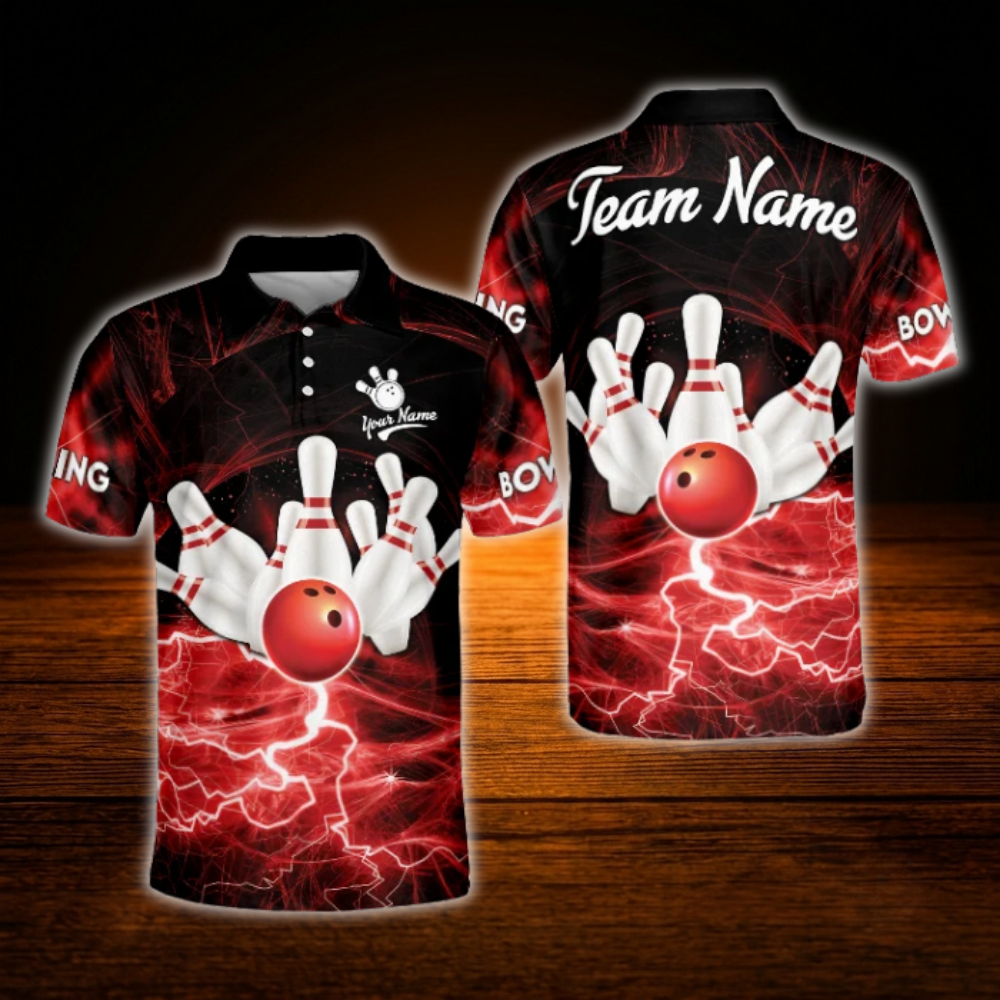 Red Lightning Custom Team Bowling Polo Shirt For Men, Custom Bowling Team Shirt