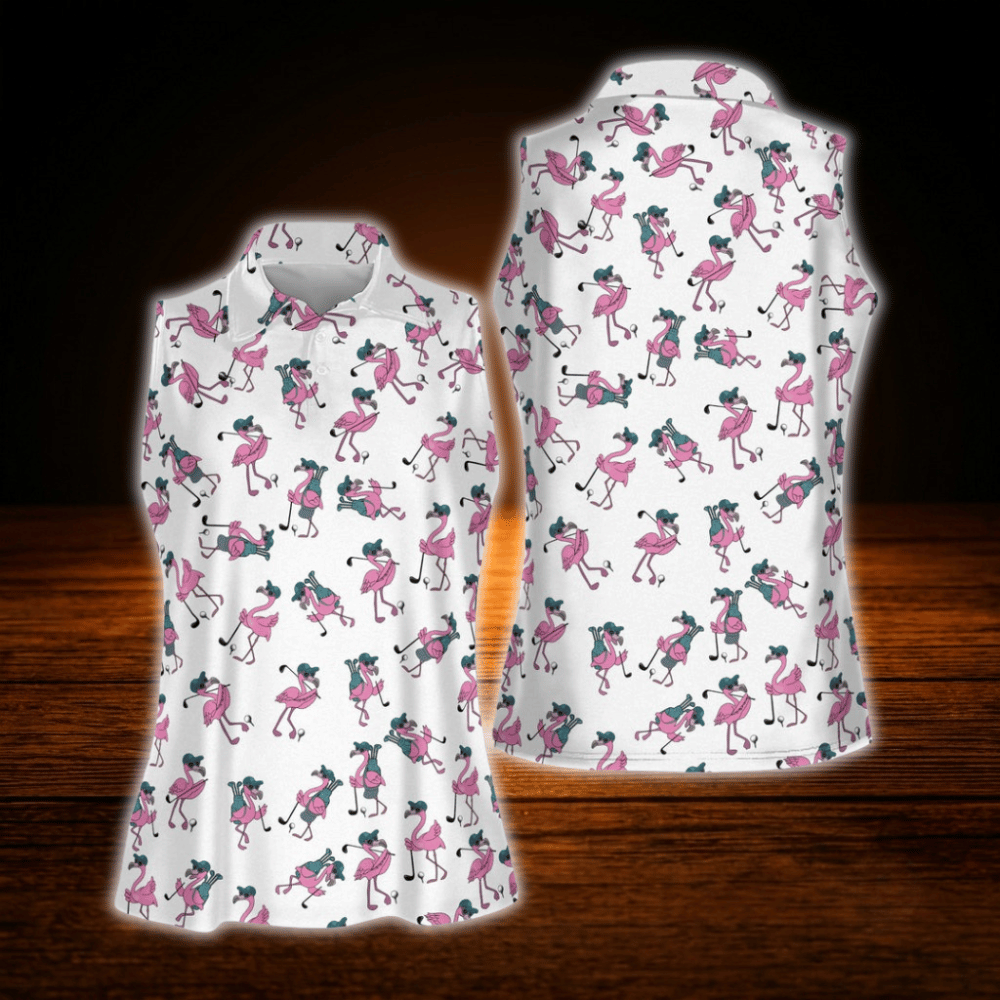 Funny Pink Flamingo Women's Golf Sleeveless Shirt, Flamingo Golf Shirt For Ladies