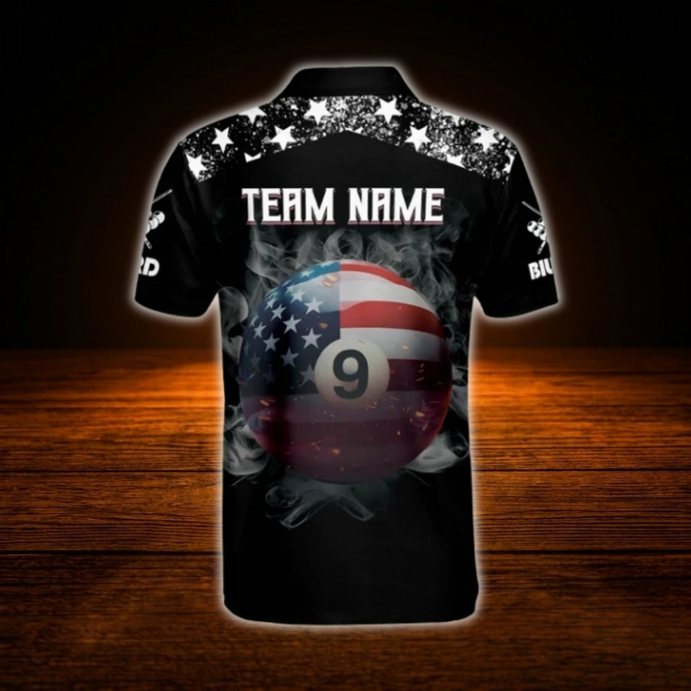 Custom 9 Ball American Flag Billiard Polo Shirt For Men, Custom Patriotic Billiard Team Shirt