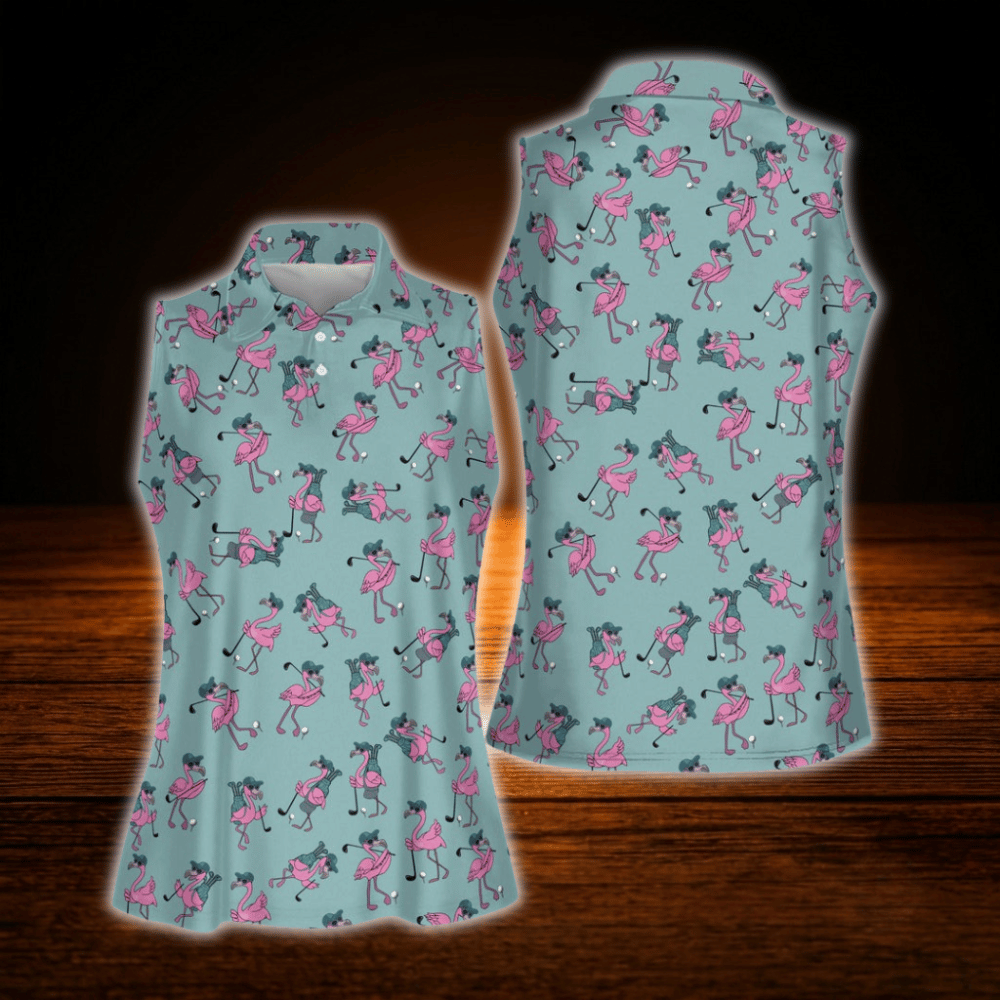 Funny Pink Flamingo Women's Golf Sleeveless Shirt, Flamingo Golf Shirt For Ladies