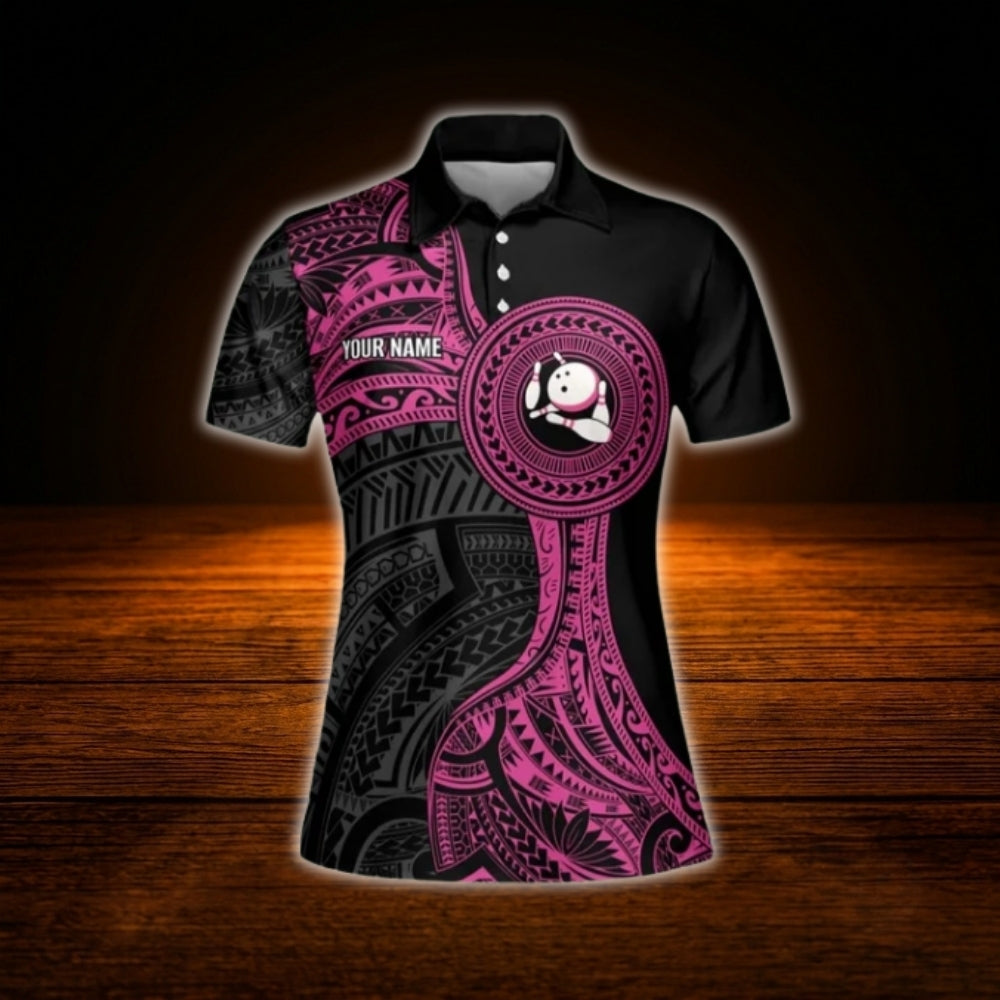 Custom Black Pink Tribal Women's Bowling Polo Shirt, Custom Tribal Bowling Team Shirt For Ladies