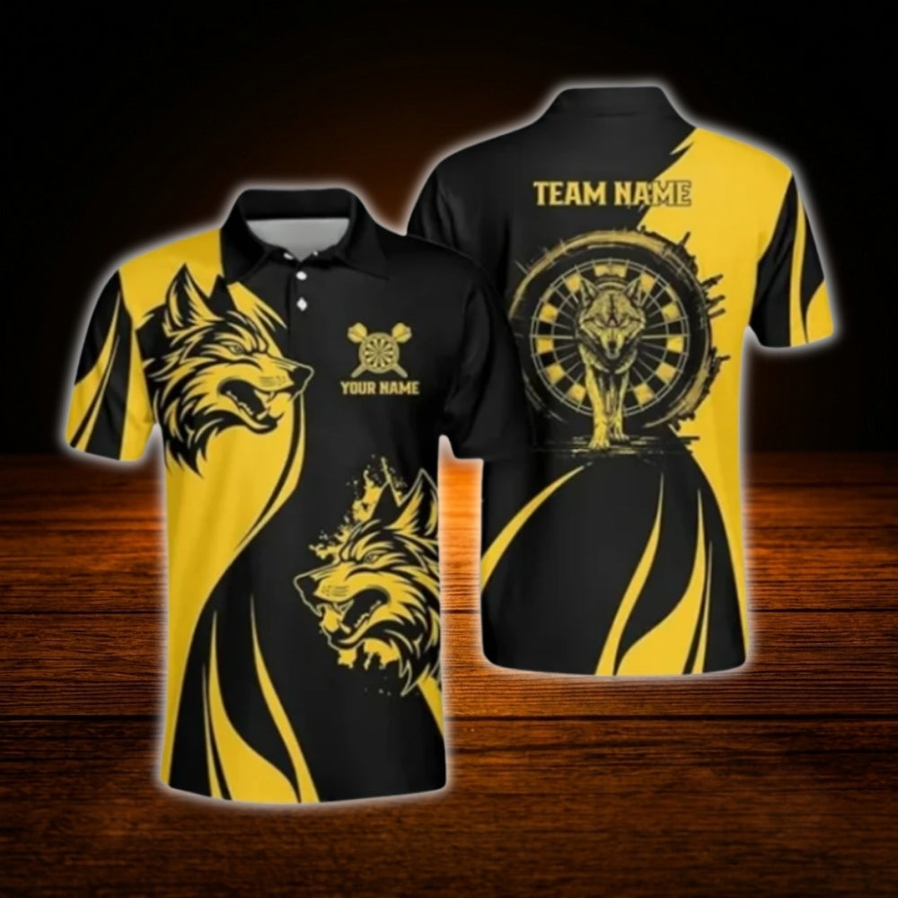 Custom Wolf Black And Yellow Dart Polo Shirt For Men, Custom Wolf Dart Team Shirt