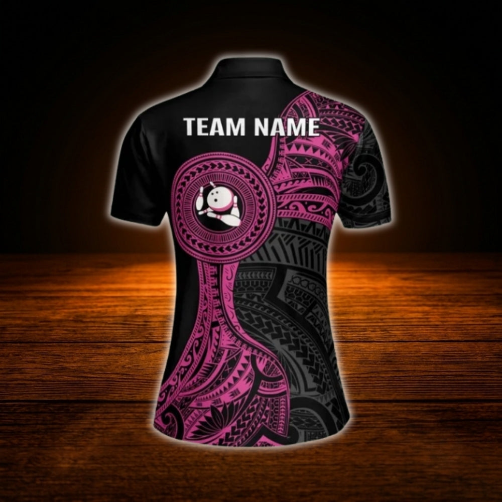 Custom Black Pink Tribal Women's Bowling Polo Shirt, Custom Tribal Bowling Team Shirt For Ladies
