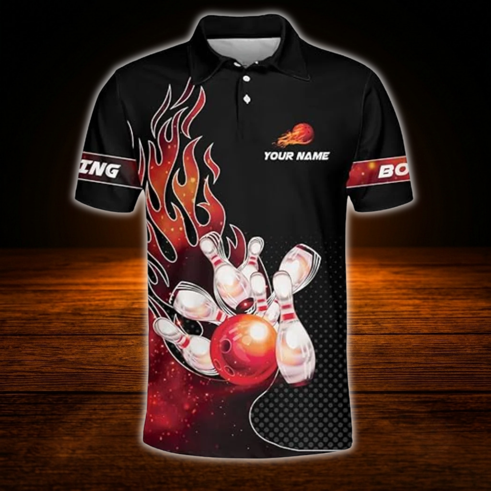 Custom Flaming Red Black Bowling Polo Shirt For Men, Custom Team Flame Bowling Shirt