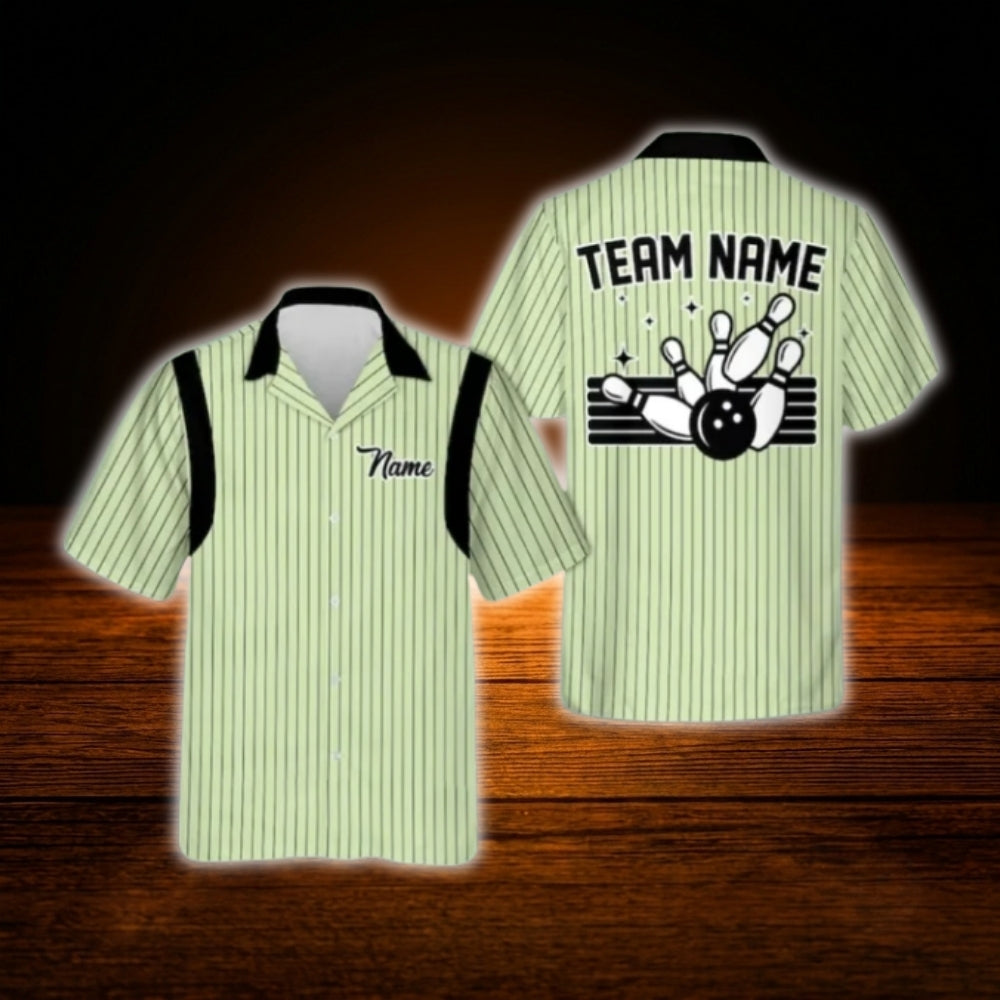 Custom Striped Mint Bowling Hawaiian Shirt For Men Women, Custom Team Bowling Shirt Retro