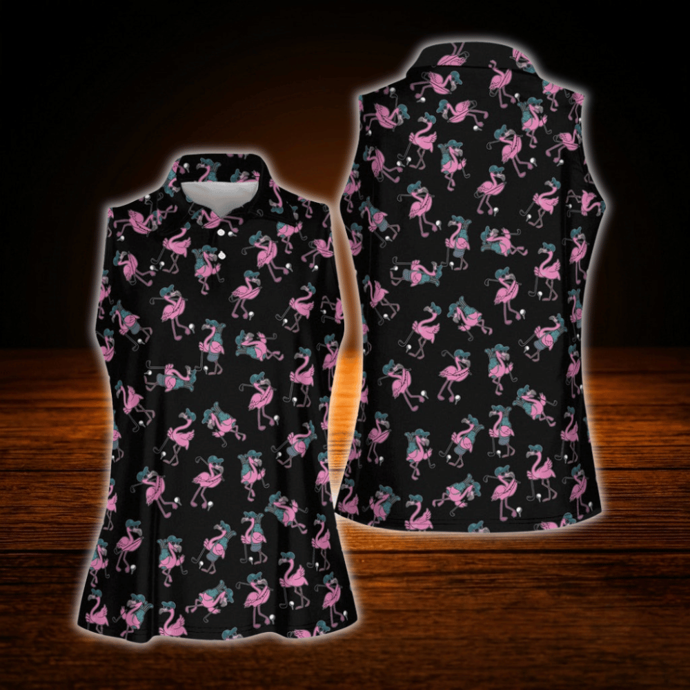 Funny Pink Flamingo Women's Golf Sleeveless Shirt, Flamingo Golf Shirt For Ladies
