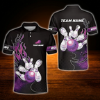 Custom Flaming Red Black Bowling Polo Shirt For Men, Custom Team Flame Bowling Shirt